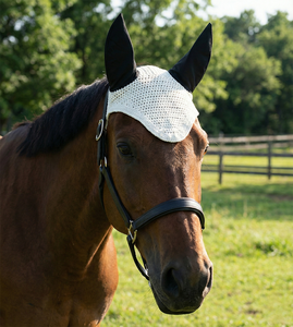 Velo de Ganchillo Blanco para Caballo con Cubre Orejas Negros, Gorro Ecuestre Hecho a Mano, Acolchado Suave, Cómodo, de Alta Calidad para Equitación y Entrenamiento - Product Image 2