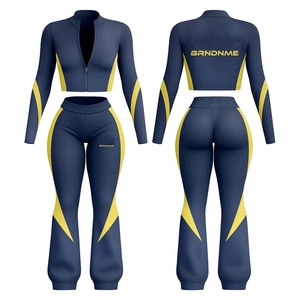 Women <b>red</b> <b>crop</b> <b>top</b> and leggings set polyester spandex stretch fabric contrast panel design custom heattransfer Logo Women's Sets - Product Image 2
