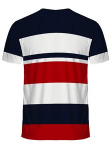 T-shirt à rayures imprimé numérique grande taille pour homme, rayures bleu marine et rouge, vêtements pour homme, col rond, manches courtes, vêtements décontractés et sportifs - Product Image 4