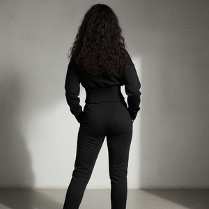 Custom Women <b>Black</b> Cotton Tracksuit Structured Waist Seaming Hoodie Slim Joggers Knee Curve Accentuating Two Piece <b>One</b> Set - Product Image 2