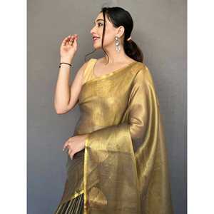 Sari de Seda Tejida Verde Oliva con Blusa, Ideal para Bodas - Product Image 1