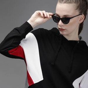 Sweat-shirts à capuche en molleton écologique 100% coton, poids lourd, noir, très stylés, avec panneaux latéraux contrastés et poche kangourou - Product Image 2