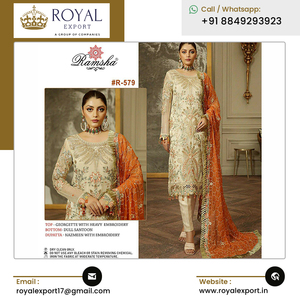 Large gamme de produits Vêtements ethniques traditionnels Nouveau costume de créateur Georgette Salwar avec broderie lourde - Product Image 4