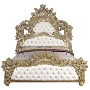 Cama de lujo oro completo tallado cabecero acolchado cuero crema madera maciza de caoba tamaño King-muebles de madera antiguos hechos a mano - Product Image 1