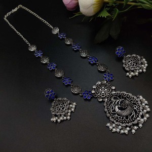 Antique Silver Brass Peacock Necklace Set with <b>Earrings</b> <b>Beautiful</b> Pearl Stone Work for Gift Occasions - Product Image 1