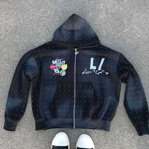 Custom Oversized Heavyweight <b>Vintage</b> Stone Wash Applique Embroidery Patch Distressed Rhinestone Boxy <b>Zip</b> <b>up</b> <b>Hoodie</b> for Men - Product Image 3