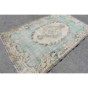 Tapis turc vintage 5.2 x 8.5ft vert beige laine Patchwork Design support en Latex pour la maison vivant chevet style rectangulaire-Tabriz - Product Image 2