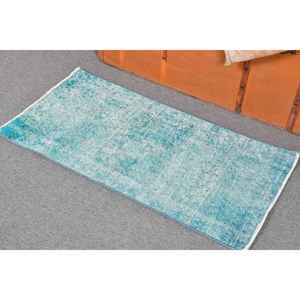 Alfombra Turca Vintage, Alfombra Pequeña de 1.6x3.2 pies, Alfombra con Bordes Azules y Blancos - Product Image 3