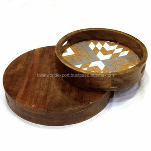 Bandeja otomana de bambú de madera natural Bandeja de madera para servir Bandeja redonda de madera con asas de Falak World Export - Product Image 4