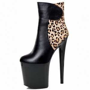 Femmes Léopard Bout Rond <span class=keywords><strong>Cuir</strong></span> 8 Inch Ladies Bottes 20CM Cheville Noir Talons Epais Bas Tube <span class=keywords><strong>Femme</strong></span> Botas Femmes Nightclub Punk Boot - Product Image 6