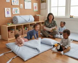 Foldable Baby Sleeping <b>Mat</b>-Organic Natural Cotton Fabric Striped Pattern All-Season Use Removable Washable Portable <b>Roll</b>-Up Kids - Product Image 2