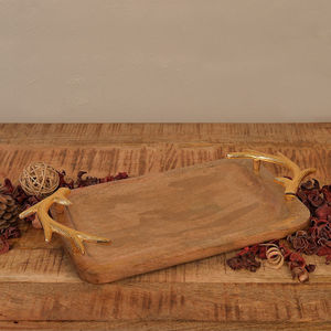 Modern Design <b>Large</b> Size Wooden <b>Tray</b> With Leaf Accent Handle Food Serving <b>Tray</b> Perfect For Serving Snacks Coffee Dessert <b>Tray</b> - Product Image 3