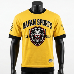 T-shirt homme double couche en jersey coton polyester premium 190 GSM, jaune à l'extérieur, ourlet intérieur noir, logo personnalisé imprimé à l'écran. - Product Image 5