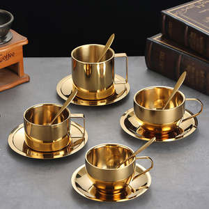 Juego de Tazas y Platos de Café de Acero Inoxidable con Cuchara, Tazas de Metal para Espresso, Latte, Capuchino y Té, Reutilizables, de Grado Alimenticio, Vajilla de Lujo - Product Image 3