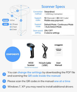 <span class=keywords><strong>Scanner</strong></span> di Codici a Barre 2D QR M930 USB per POS, Lettore 2D per Biblioteche, Negozi, Supermercati, Ambulatori, Magazzini, Disponibile - Product Image 3