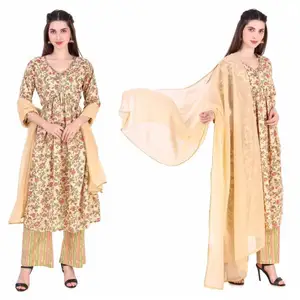 Designer Pure Cotton Soft Fabric Kurti With Beautiful Print And Handwork And Cut With Dupatta Top Bottom Dupatta Set