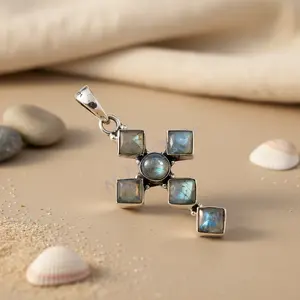 925 Silver Moonstone Cross Pendant for Women Handmade Religious Gemstone Jewelry Rose <b>Gold</b> Rhodium Plated Charm Pendant <b>Number</b> - Product Image 3