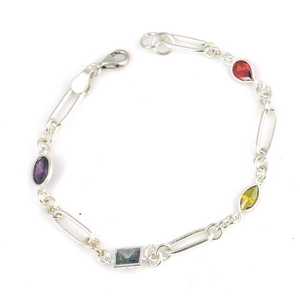 925 Sterling <b>Silver</b> Colored Stone Paperclip Chain <b>Bracelet</b> Elegant Fine <b>Bangle</b> - Product Image 1