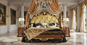 Cama King Size de Lujo Estilo Barroco <span class=keywords><strong>ONLYONE</strong></span>, Tapicería Gris con Mechones, Tallado Dorado, Muebles de Dormitorio Modernos y Clásicos para Casa y Hotel - Product Image 2