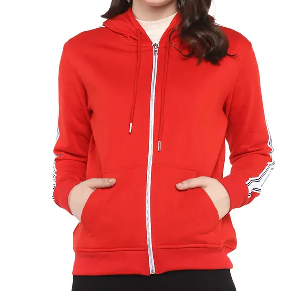 Red Color Zipper Up Stylish Design Girls Casual Hoodies Side Stripes On Sleeves Good Quality Personalized Women Hoodies For Sale