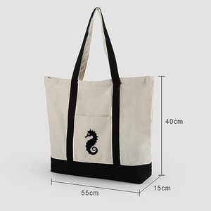 Sac de plage brodé SeaHorse en toile de coton couleur unie avec fermeture éclair et doublure en polyester - Product Image 4