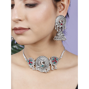 GS Peacock <b>Choker</b> with Zircon Green Maroon Flower Design for Party Occasions - Product Image 3