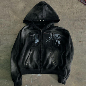 Sudaderas con capucha ecológicas de gran tamaño para hombre desgastadas con lavado ácido vintage de Algodón 100% con logotipo personalizado bordado con cremallera OEM 400 500gsm francés - Product Image 3