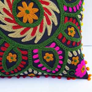 Handmade Indian Decorative Cotton <b>Cushion</b> <b>Covers</b> <b>Boho</b> Suzani Embroidered Pom Pom Lace Sham Home Decor Woolen Sofa Decor Pillow - Product Image 4