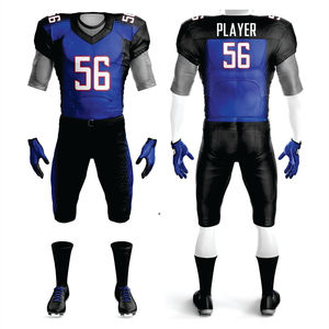 ชุดฟุตบอลอเมริกันแบบระเหิดโพลีเอสเตอร์สำหรับผู้ชายชุดเสื้อทีมผ้าทอแบบสั้นระบายอากาศสีน้ำเงินสีดำสิ่งทอลายทแยง100% ออกแบบได้ตามต้องการ - Product Image 1