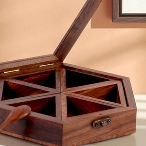 Boîte à épices en bois hexagonale faite à la main, 6 petites boîtes, boîte à épices décorative de cuisine, boîte à masala, boîte à épices utilitaire, ensemble de boîtes à épices, décoration de cuisine - Product Image 4