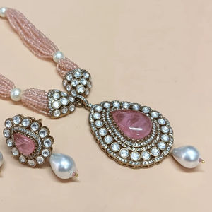 Antique <b>Gold</b> Plated Designer Polki <b>Necklace</b> <b>Set</b> with <b>Earrings</b> Bridal Jewelry for Wedding & Party Celebration - Product Image 1