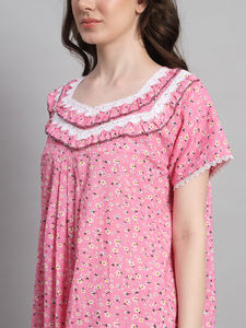 Chemise de nuit élégante en dentelle 100% coton pour femmes, à imprimé floral victorien, manches longues, longueur totale, respirante pour l'été et le printemps - Product Image 5
