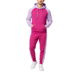 High Quality Pink & Lavender <b>Mens</b> Tracksuit | Two-Color Raglan <b>Pullover</b> with Contrast Side-Stripe Trousers - Product Image 1