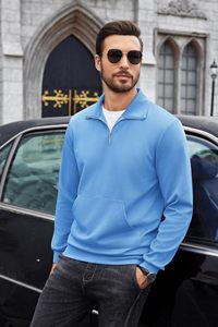 Pull à quart de fermeture éclair pour hommes, sweat-shirt polo décontracté à manches longues, pulls à col montant et coupe ajustée avec poche - Product Image 5