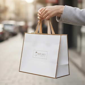 Sac de shopping cadeau en papier blanc recyclable imprimé sur mesure de luxe avec poignée en ruban, logo gravé - Product Image 3