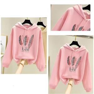 Women's Fashion Embroidered <b>Velvet</b> Sweatshirt Autumn Winter Plus Size <b>Hoodie</b> Feather Printed Puff Lined Front Casual Loose Style - Product Image 2