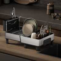 WIREKING Égouttoir à vaisselle extensible en acier inoxydable avec plateau pliable et compartiment pour assiettes et ustensiles pour la cuisine