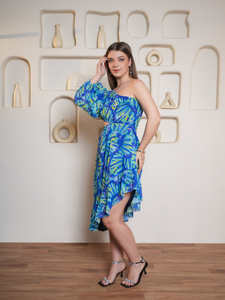 เดรสแขนพองคอพิมพ์ลายสำหรับผู้หญิง, เดรสยาวปานกลางใส่สบาย - Product Image 2