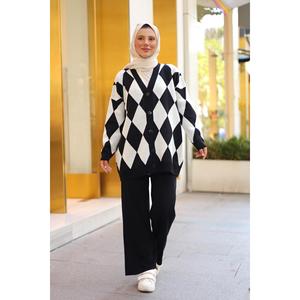 Set di Cardigan e pantaloni con motivo diamanti neri da donna