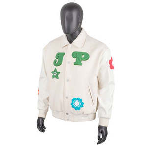 Chaqueta Universitaria Blanca para Hombre, Parche Verde JP, Bordado Floral, Estampado en la Espalda, Chaqueta Bomber Informal, Ropa de Calle, Prenda Exterior - Product Image 1