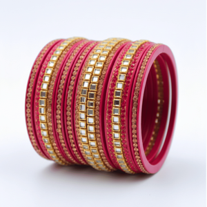 Rose Pink <b>Mirror</b>-Studded Lac Fashion Bangle Set of 8 - Product Image 4