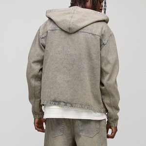 Veste en jean à texture lavée avec pierre légère et logo patchwork avec broderie personnalisée avec plusieurs poches Veste Hip Hop à capuche pour hommes - Product Image 3