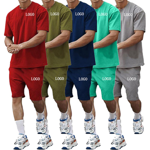 Gran oferta de chándales personalizados OEM para hombre, Camiseta con hombros caídos, conjunto corto de camiseta y pantalones cortos informales de algodón 100%, traje - Product Image 3