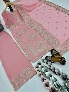 NEW DESIGNER PARTY/WEDDING ALL SEASONS HEAVY EMBROIDERY FAUX GEORGETTE CHINE SEQUENCE <b>WORK</b> CASUAL REVERSIBLE <b>TOP</b> PLAZZO DUPATTA - Product Image 5