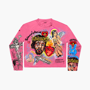 T-shirt à manches longues en coton lourd 240 GSM, rose, imprimé graphique artistique personnalisé, streetwear, 100% coton, pour homme - Product Image 1