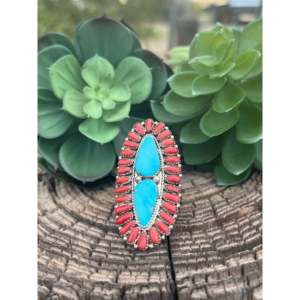 Navajo Stormy Mountain <b>Turquoise</b> & Natural Coral Everyday Wear Sterling Silver <b>Ring</b> Size 8 - Product Image 1