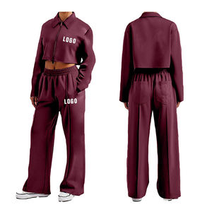 Wholesale Women <b>Crop</b> Zip Jacket & <b>Jogger</b> Sweat Pant Tracksuit Cropped Fit Drop Shoulder Tracksuit Women - Product Image 4
