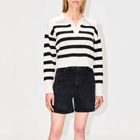 Pull court à col rond en tricot côtelé rayé pour femme, manches longues, minimaliste, 100 % laine polaire, anti-boulochage, anti-plis, décontracté pour l'hiver