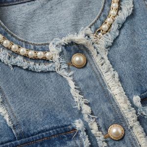 Plus Size Women Ripped Customized Color Denim Jacket Multi Pocket Design <b>Long</b> Sleeve Vintage Pearl Details Stylish Casual <b>Coat</b> - Product Image 4