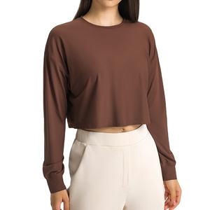 Vente chaude Femmes D'été Crop Tops Respirant À Manches Longues T-Shirts Conception Sans Col Sexy Casual Solide Couleurs Numérique Imprimé - Product Image 5